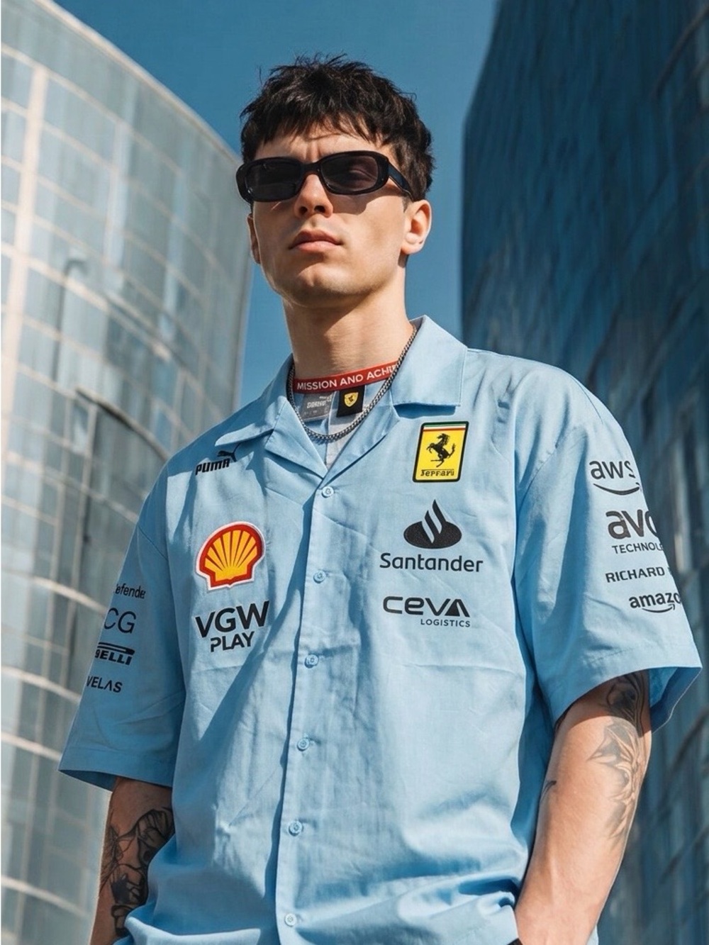 Ferrari Light Blue Short-Sleeve Camp Collar Shirt with Sponsor Logos